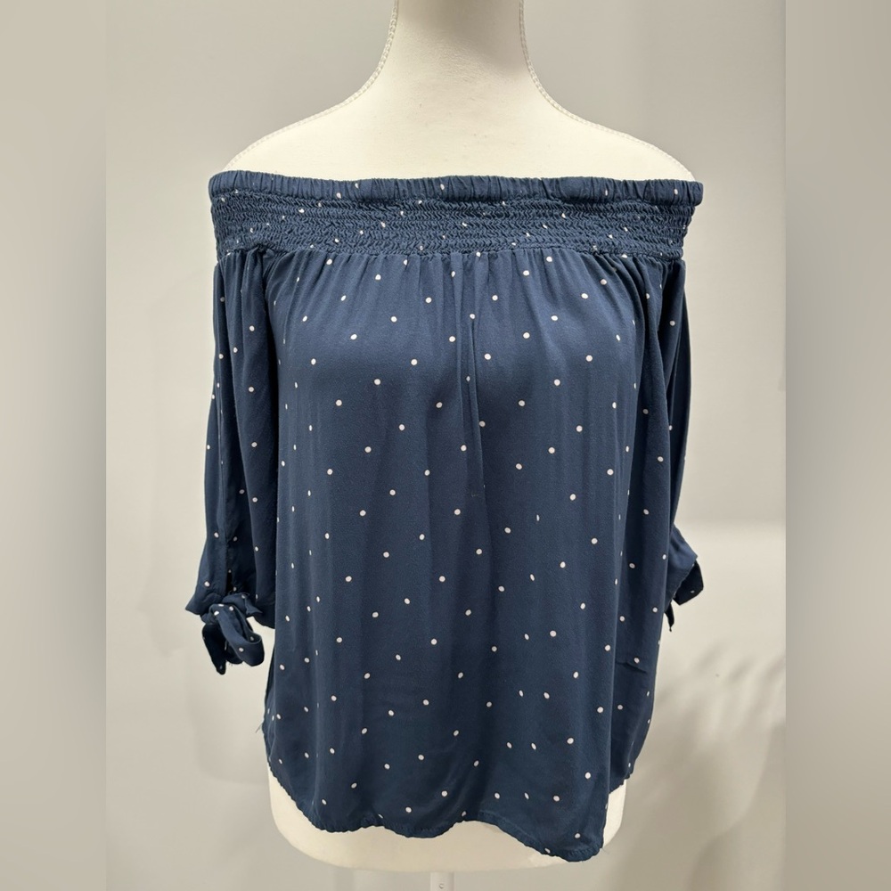 Blue Rain Blue Off Shoulder Polka
Dots Top Sz S Boho Smocked Neckline Work Party